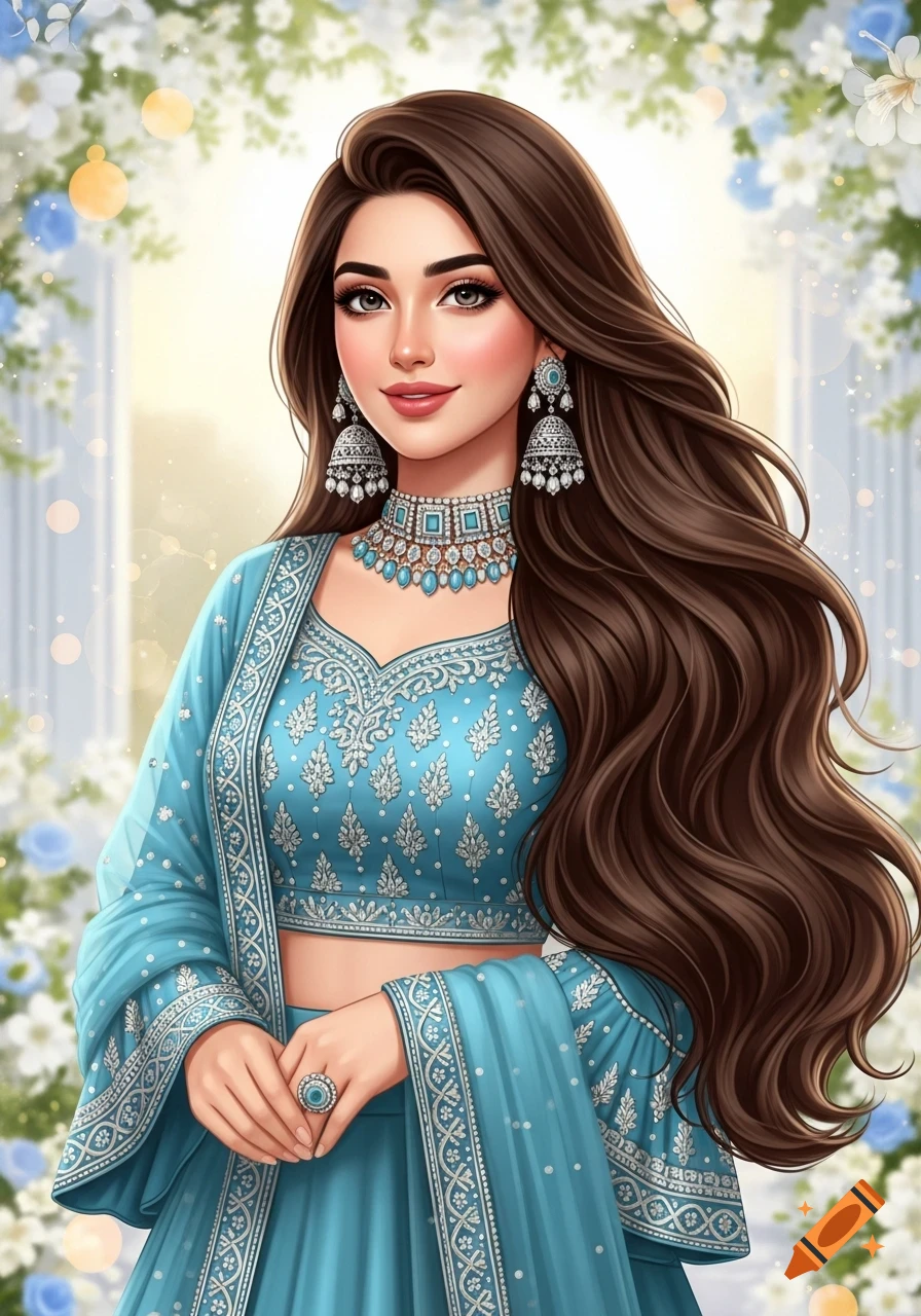 A stylized portrait of a young woman with long brown hair, wearing a light blue embroidered lehenga, statement necklace, and chandelier earrings, against a floral background.