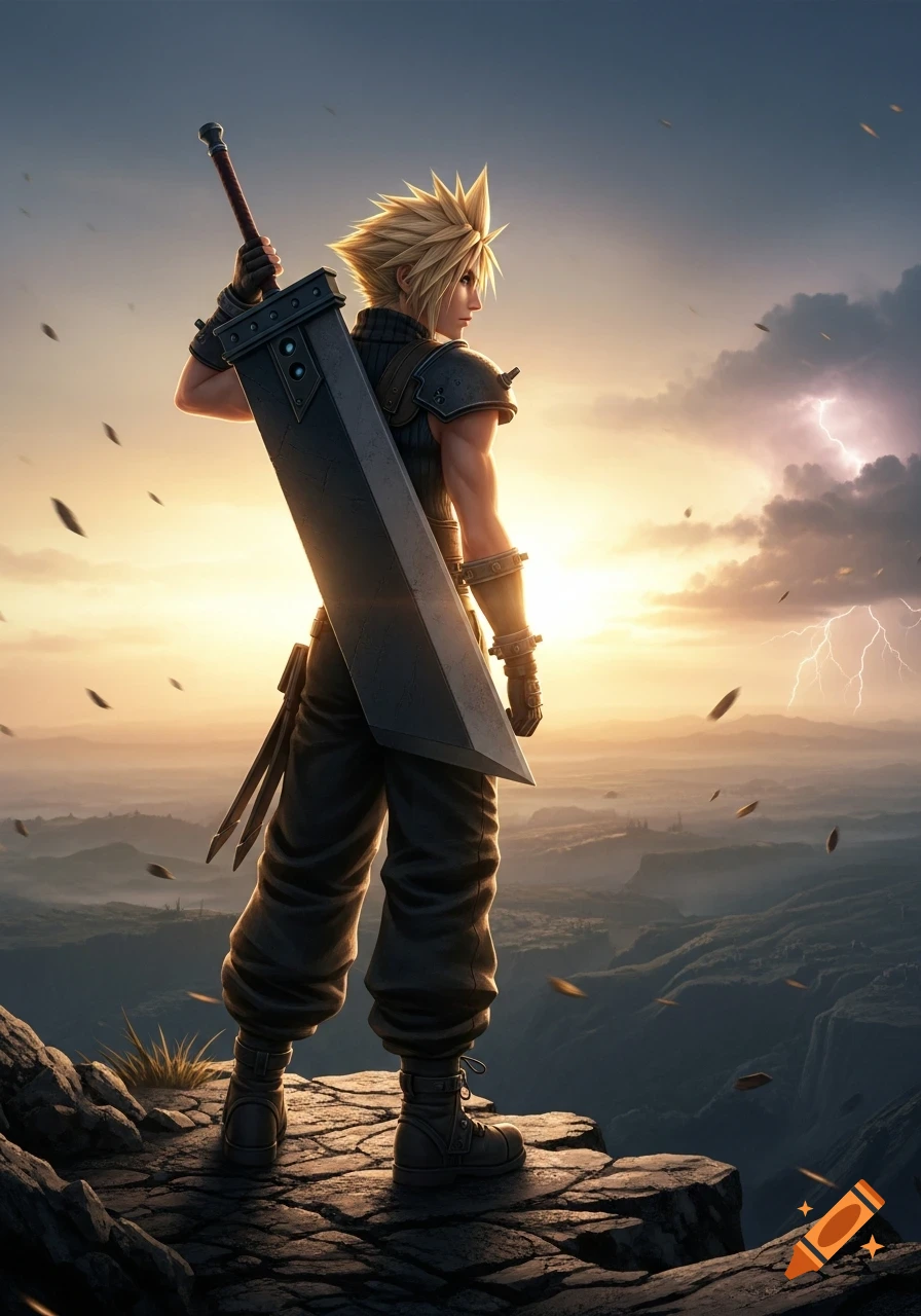 Cloud Strife on a cliff at sunset, holding a large sword, overlooking mountains with distant lightning.