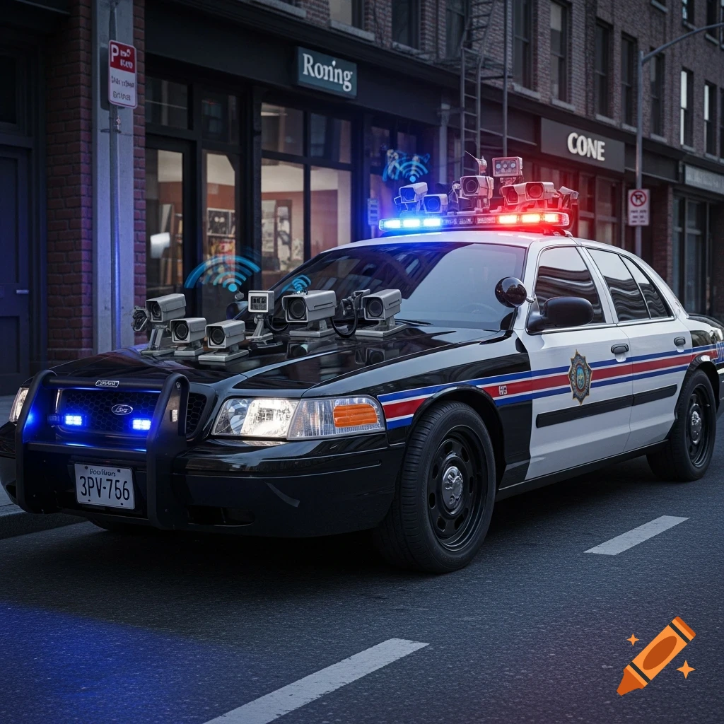 A black and white police car with multiple surveillance cameras mounted on its hood and roof, parked on a city street at night.