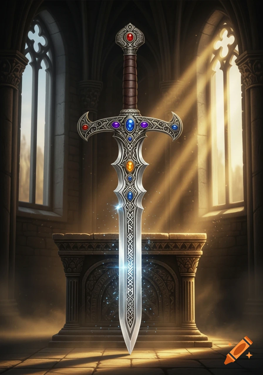 A highly decorative, gem-encrusted fantasy sword stands upright on a stone altar in a cathedral, bathed in sun rays.