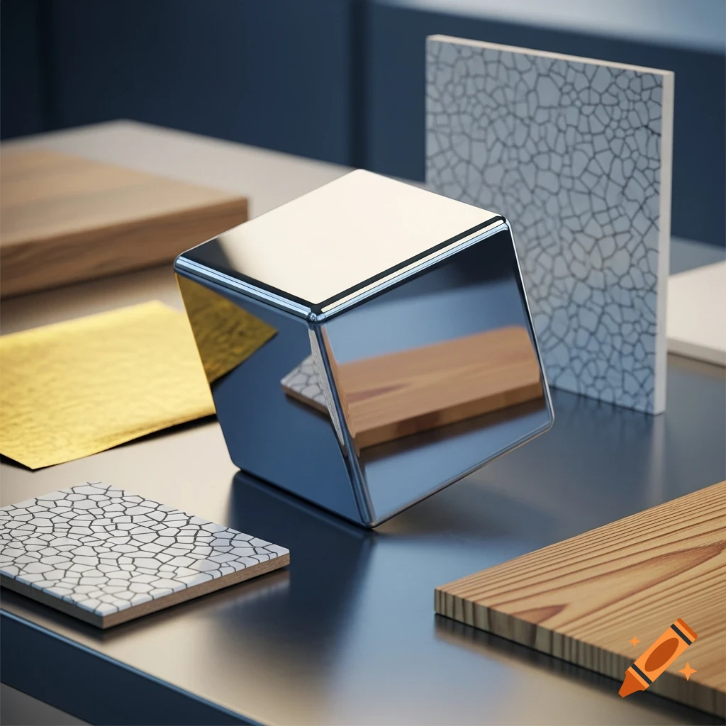 A shiny metallic cube, wooden planks, and patterned tiles on a reflective surface, showcasing material properties.