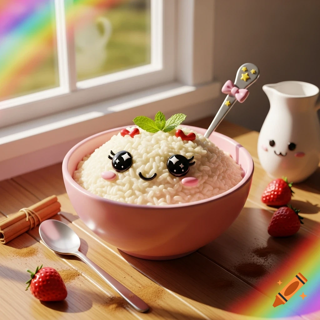 A 3D rendered kawaii rice pudding with a happy face in a pink bowl on a wooden table, surrounded by strawberries, cinnamon, a spoon, and a cute pitcher, with a rainbow reflection.