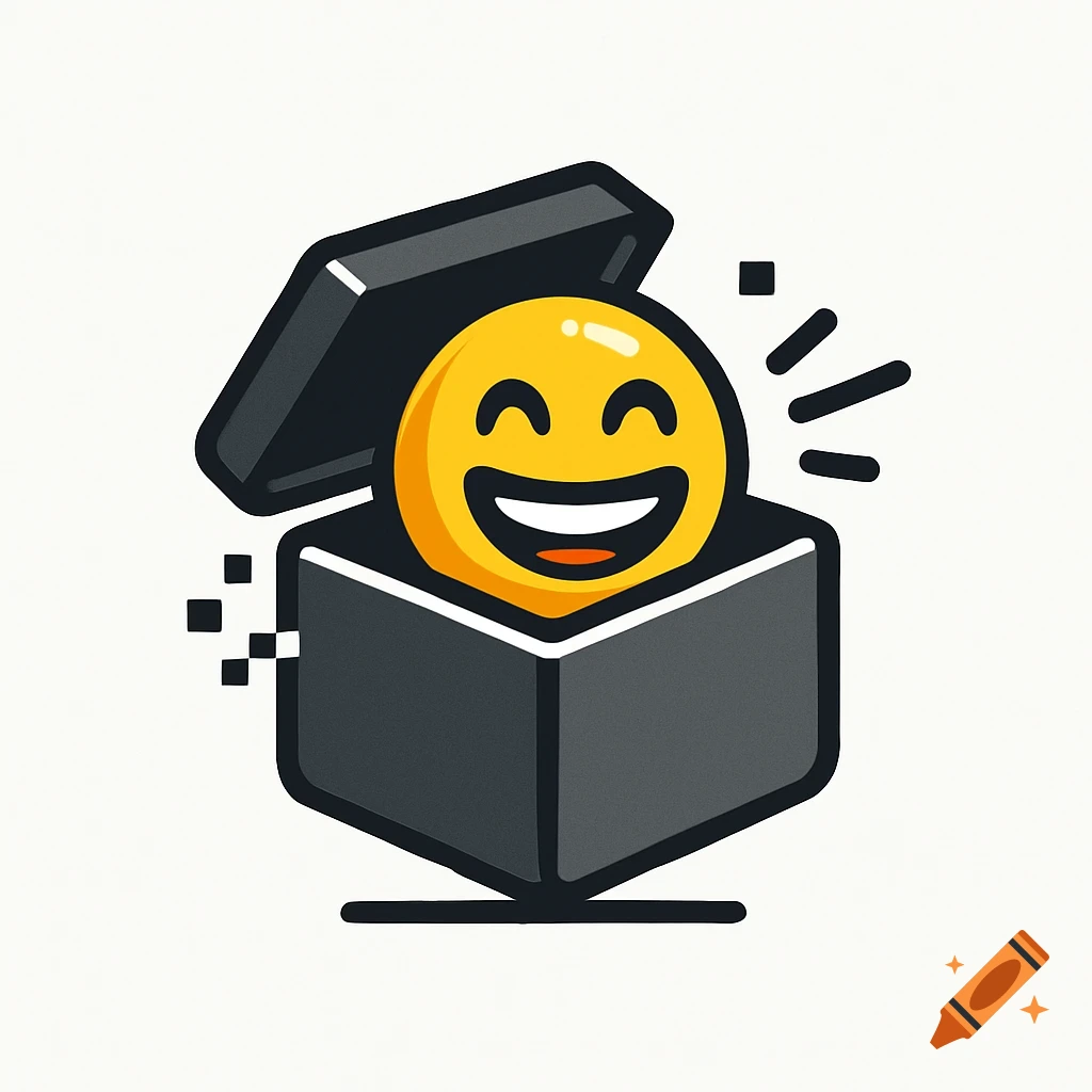 Stylized logo illustration of a laughing yellow emoji popping out of an open black box.