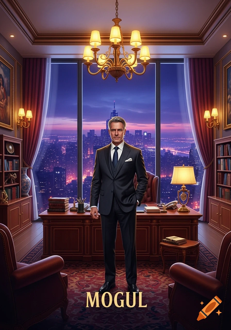 A dapper man in a suit stands in a luxurious office overlooking a cityscape at dusk, with the word 'MOGUL' below.