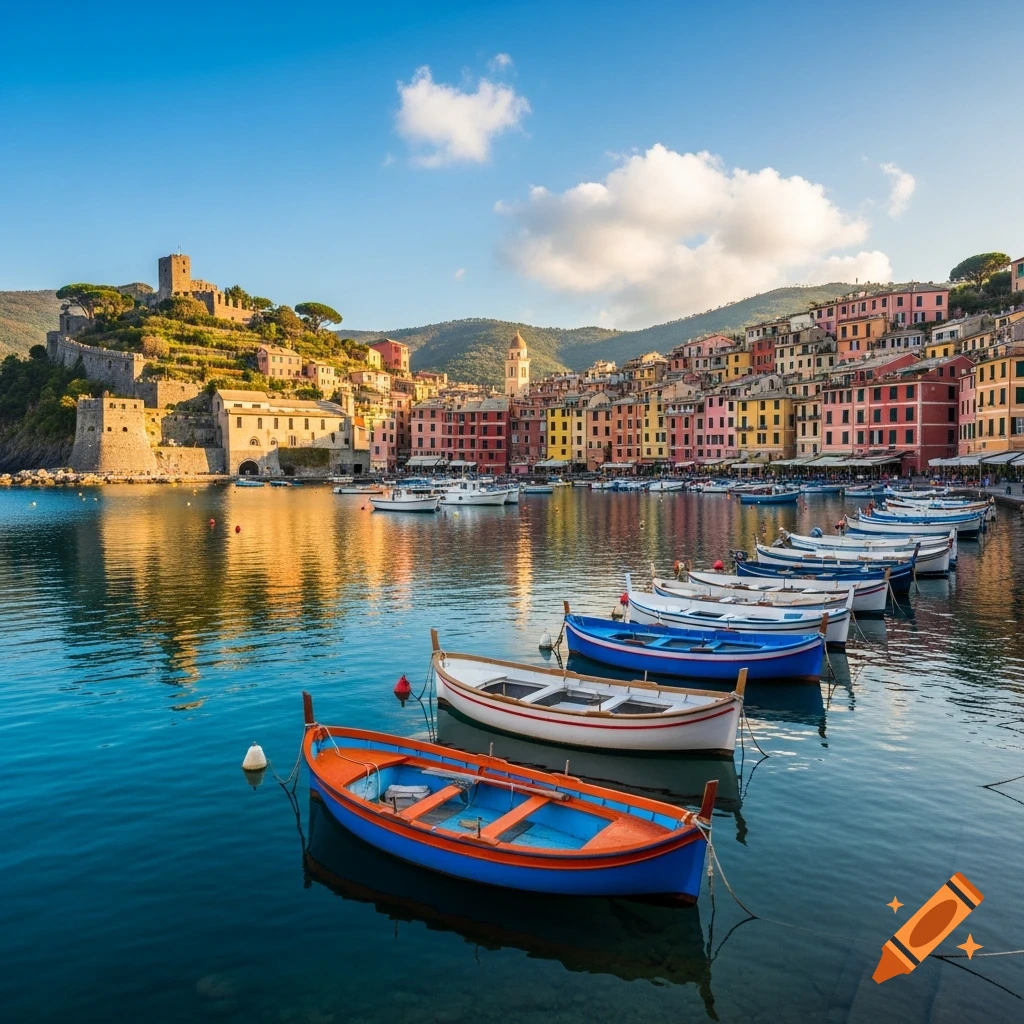 Colorful houses line a hillside above a tranquil bay filled with small wooden boats, with a castle on the left.
