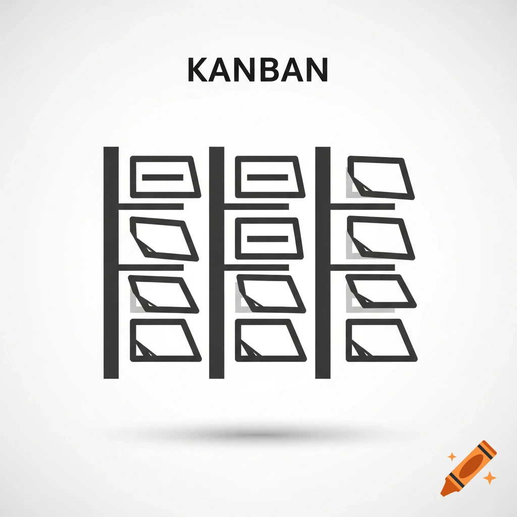 A minimalist black and white pictogram of a Kanban board with the word KANBAN above it.