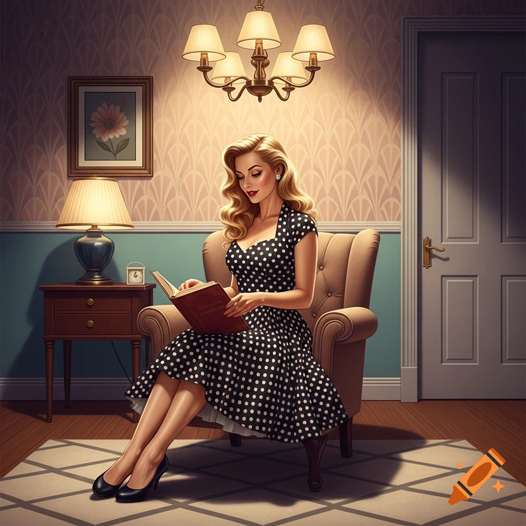 A blonde woman in a black polka dot dress and heels sits in an armchair, reading a book in a retro-styled room.