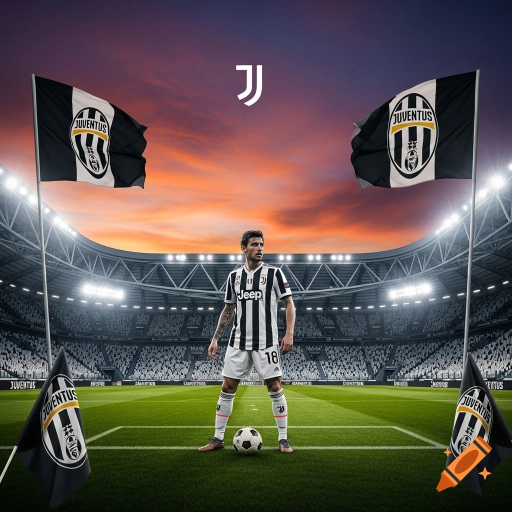 Photorealistic image of a Juventus football player standing on a stadium field at sunset, with team flags and logo.
