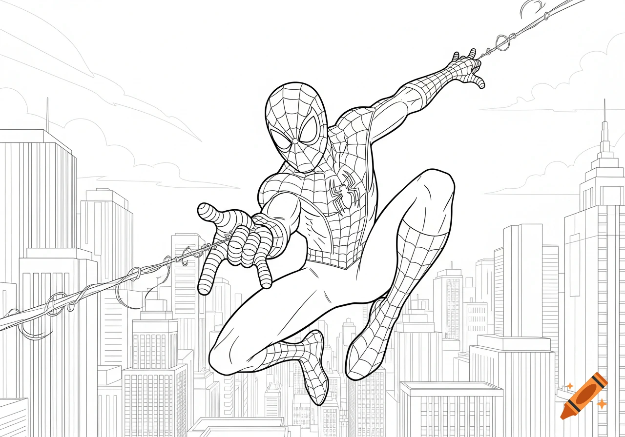Line art of Spider-Man swinging through a cityscape.