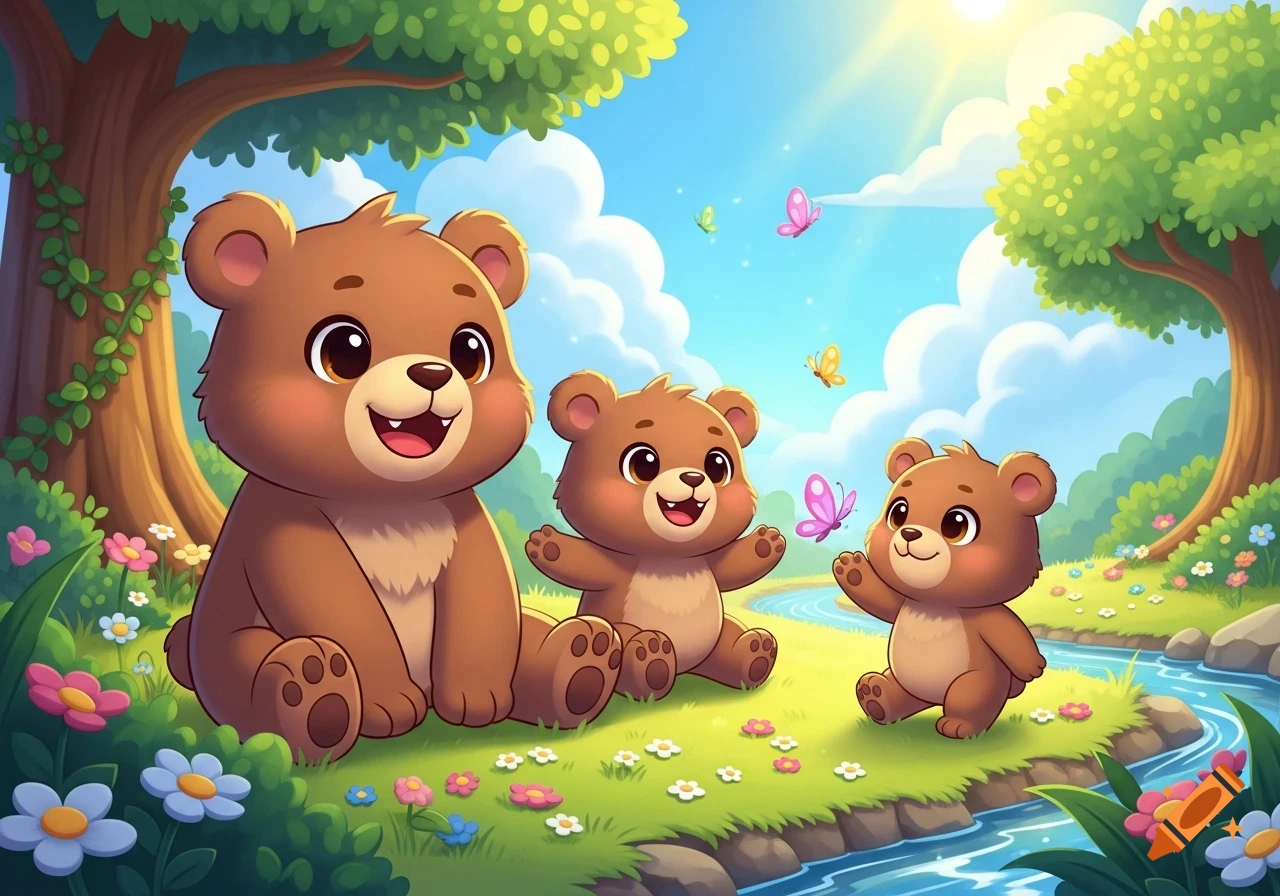Three happy cartoon bears in a sunny forest meadow with butterflies and a stream.