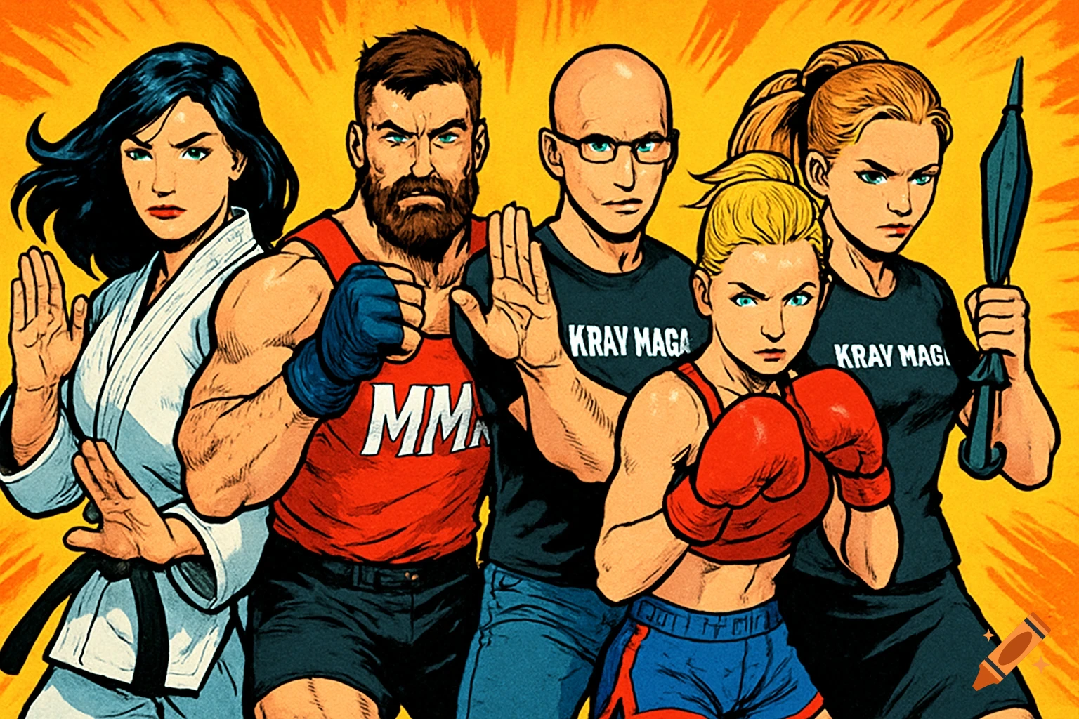 Comic book style illustration of five diverse martial arts practitioners (judoka, MMA fighter, Krav Maga instructors, boxer) posing against an orange background.