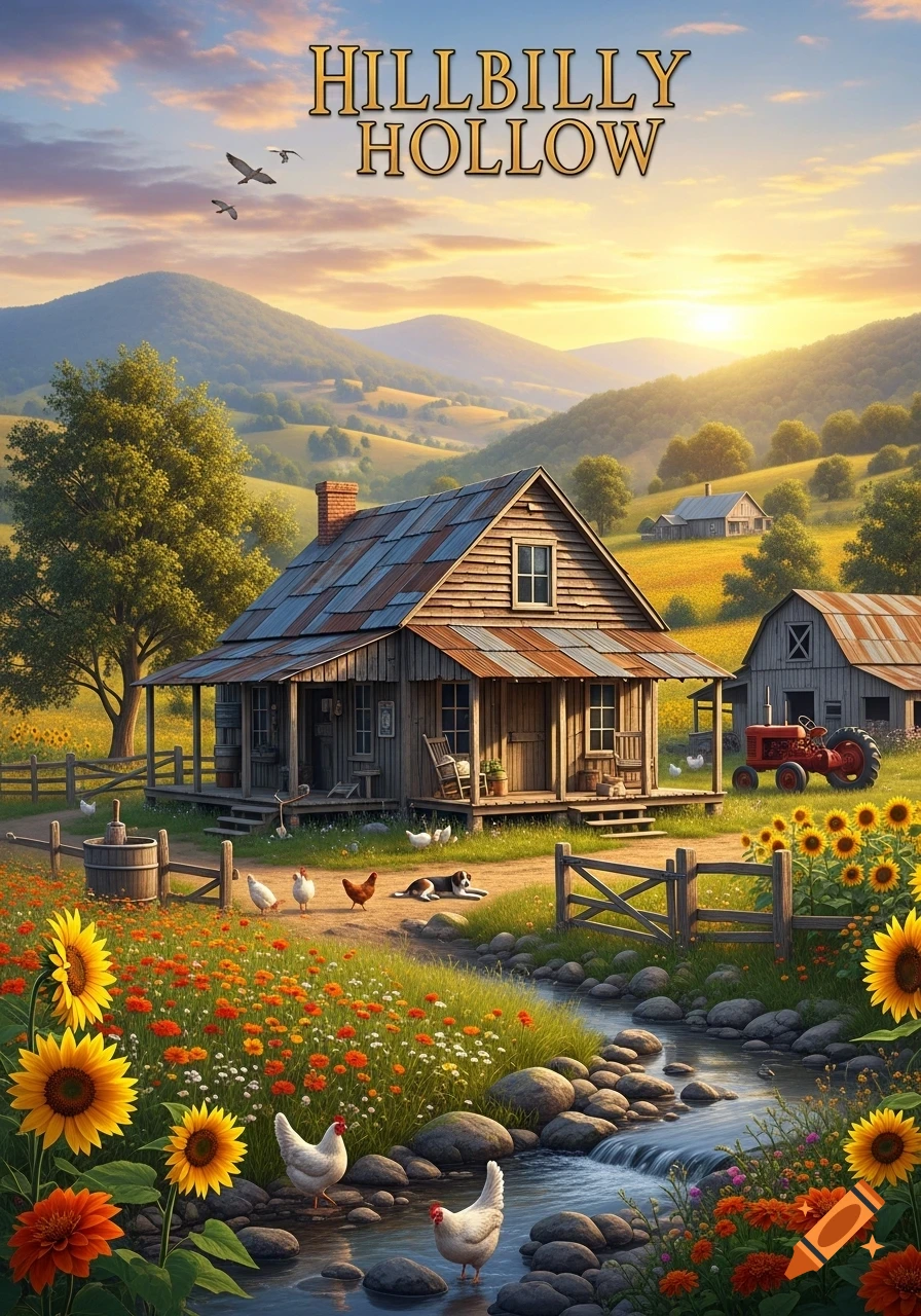 A vibrant painting of a rural landscape at sunset, featuring a rustic wooden cabin and barn, surrounded by green hills, colorful wildflowers, sunflowers, a stream, farm animals, and a red tractor. The text "HILLBILLY HOLLOW" is displayed at the top.