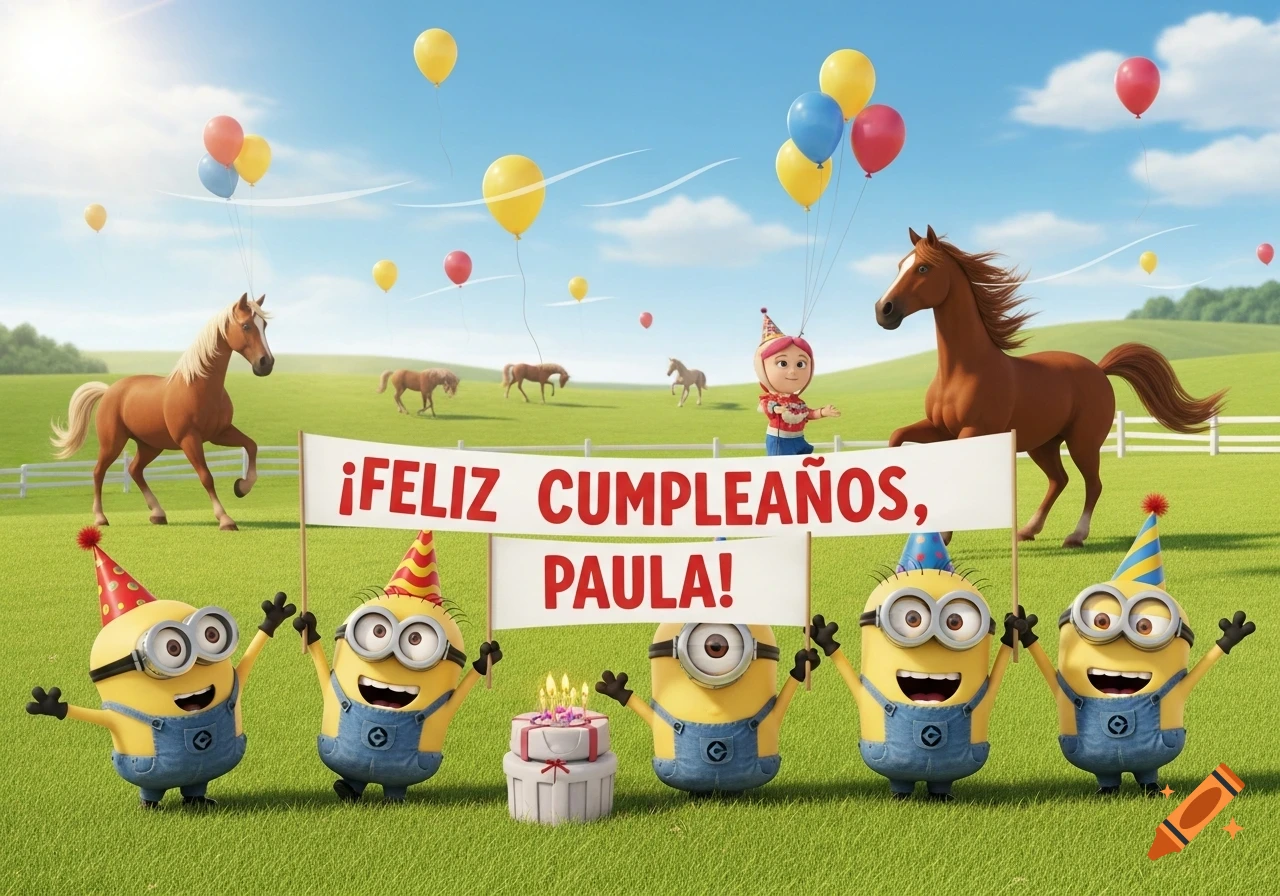 Five Minions in party hats hold a 'FELIZ CUMPLEAÑOS, PAULA!' banner in a grassy field with horses and balloons.