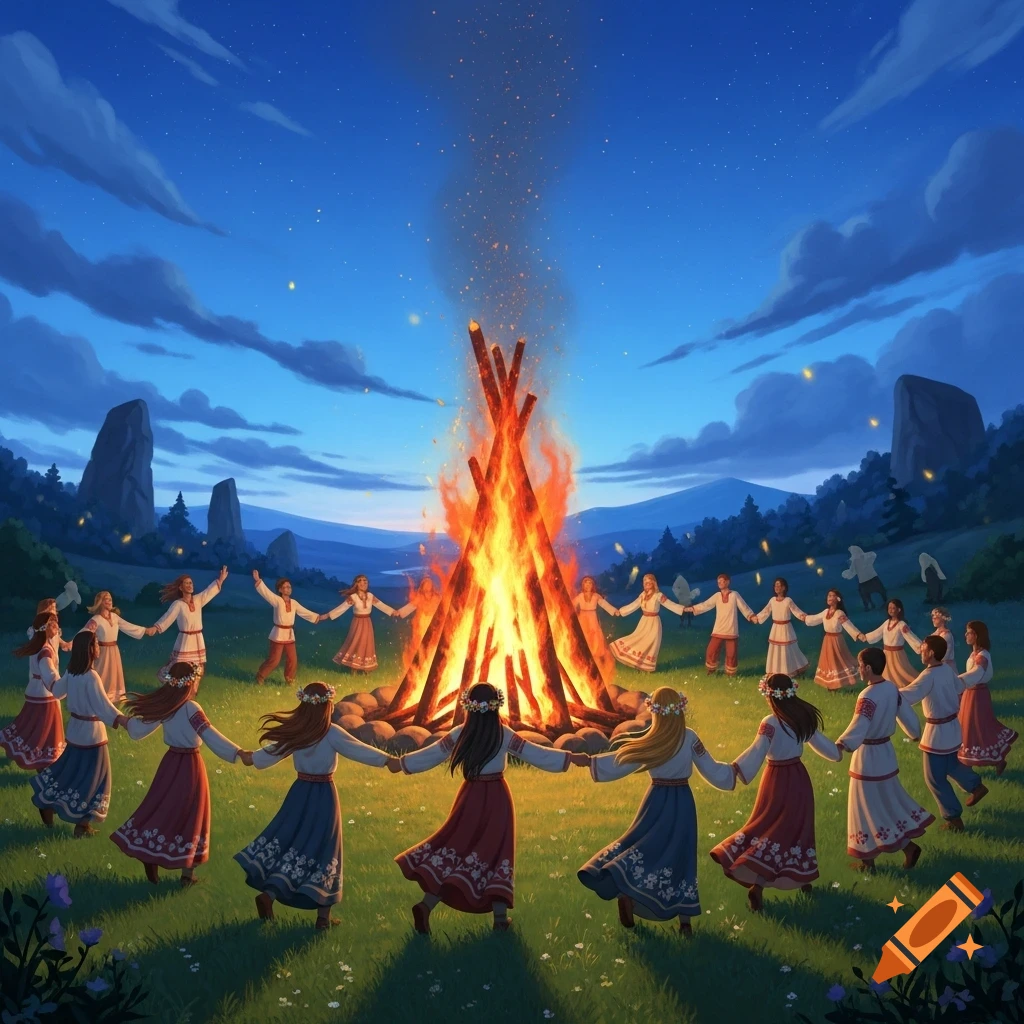 Stylized illustration of people in folk attire dancing around a large bonfire in a field at night, celebrating a summer festival.