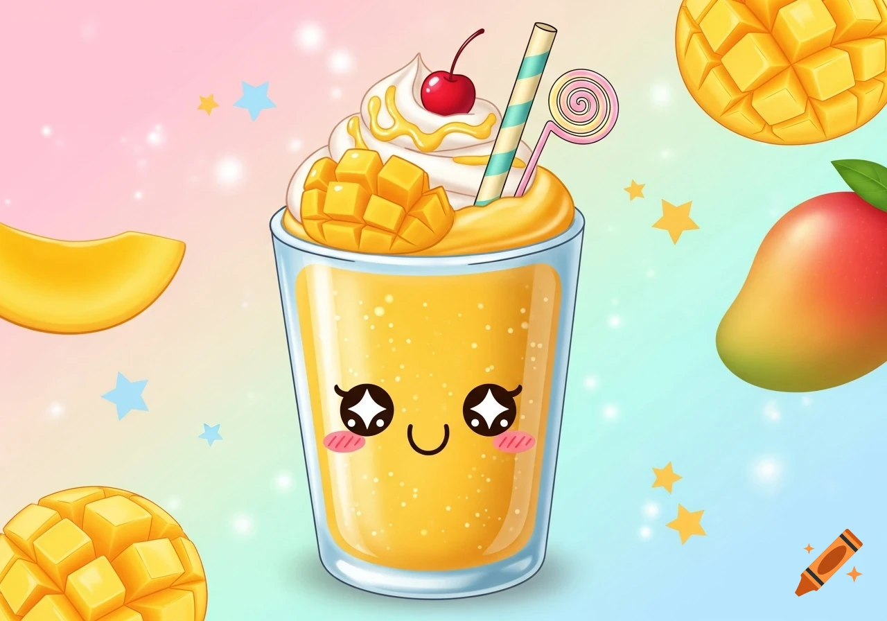 Kawaii cartoon mango shake with a smiling face in a glass, topped with whipped cream, mango, cherry, straw, surrounded by mangoes and stars on a pastel background.