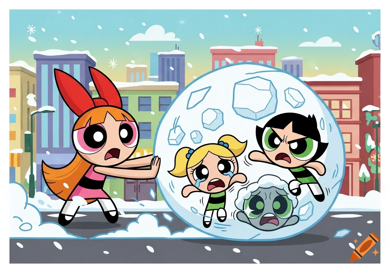 Blossom pushes a giant snowball with crying Bubbles and angry Buttercup trapped inside on a snowy city street, in Powerpuff Girls cartoon style.