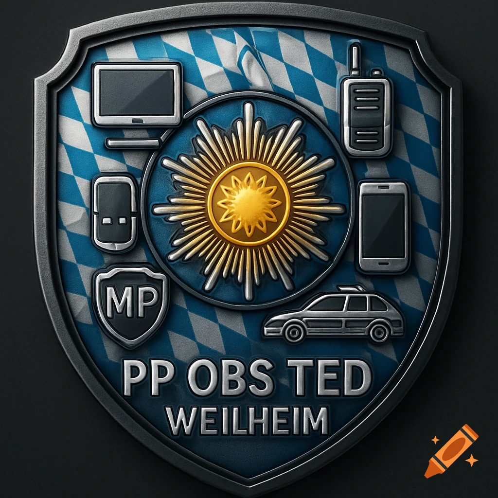 A shield-shaped police patch with a Bavarian diamond pattern, a central police star, and icons of modern police equipment. Text reads 'PP OBS TED WEILHEIM'.