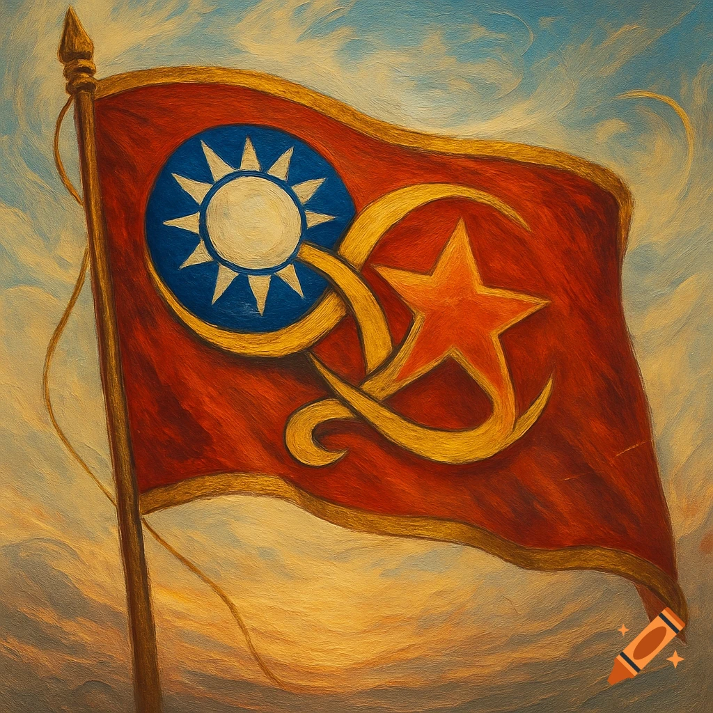 A painterly image of a red flag featuring a blue and white sun and a red star with golden sickle-like elements against a cloudy sky.