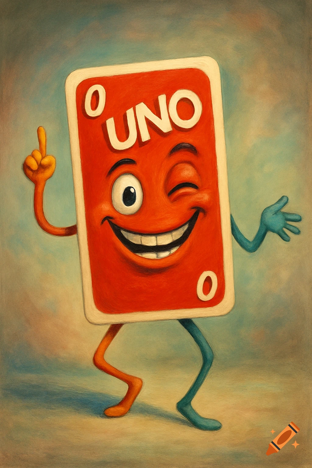 A smiling, winking red Uno card character with orange arms and blue legs, painted in a stylized manner.