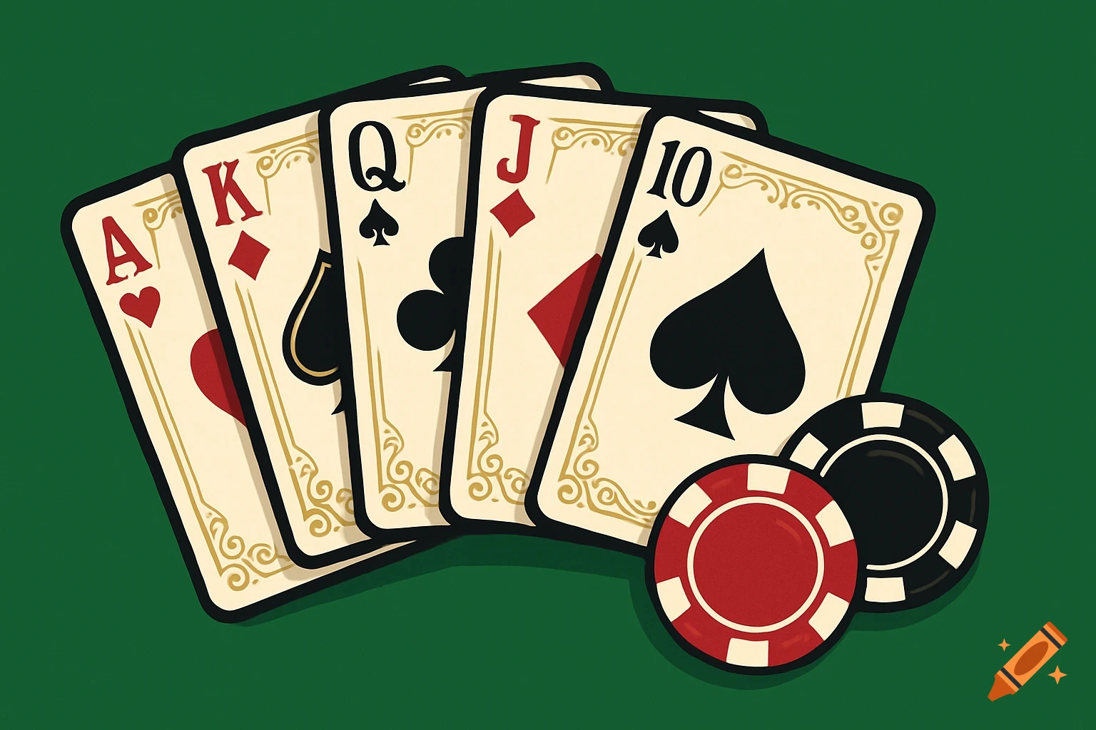 A poker hand with Ace of Hearts, King of Diamonds, Queen of Clubs, Jack of Diamonds, and Ten of Spades, alongside red and black poker chips, on a green felt table.