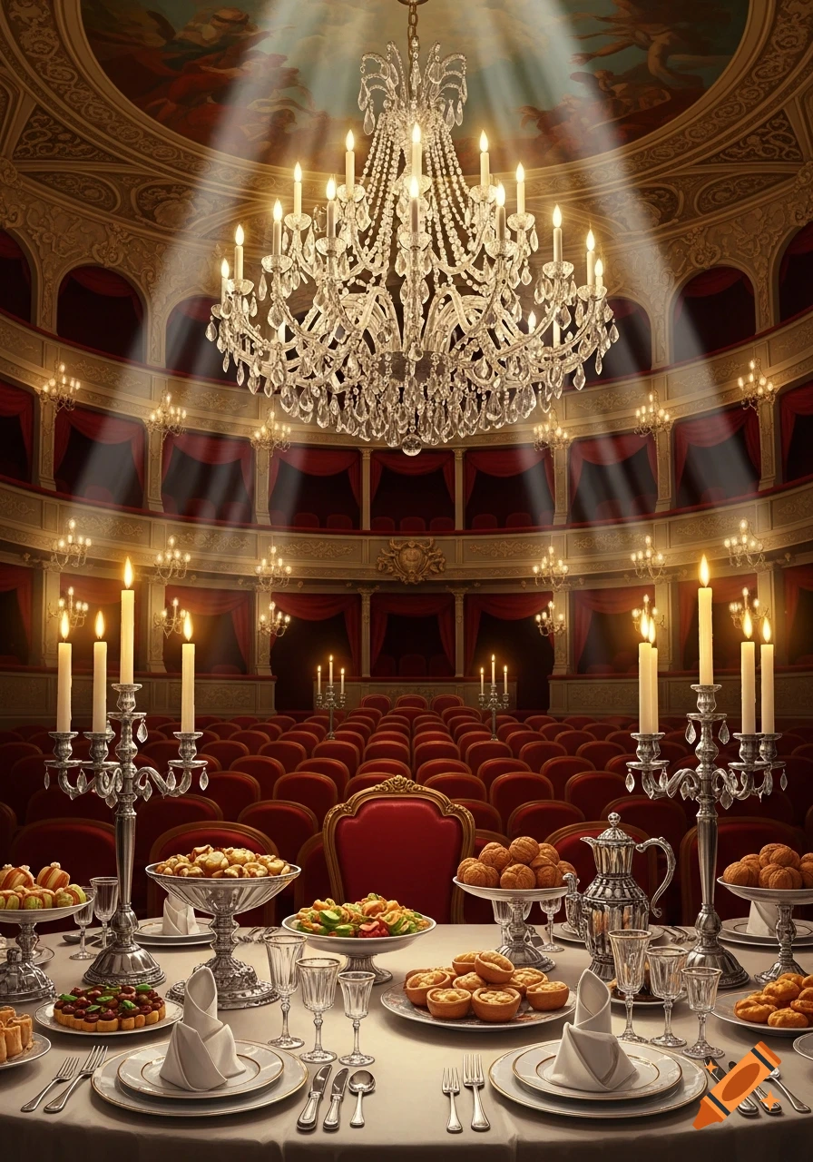 A grand theater hall with a long, festive table in the foreground, laden with food, candles, and silverware, beneath a large crystal chandelier.