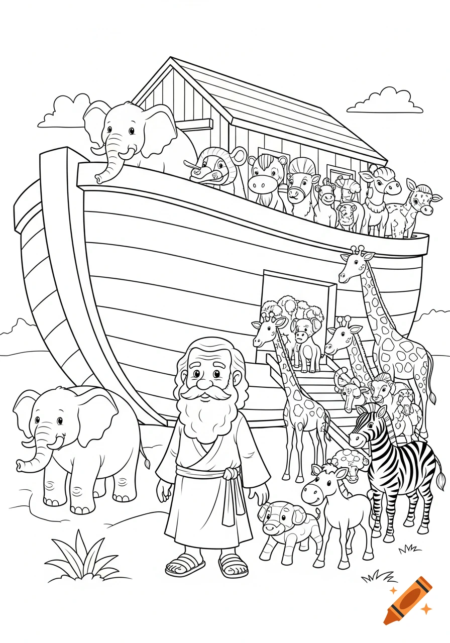 Black and white cartoon coloring page of Noah and various animals entering Noah's Ark.