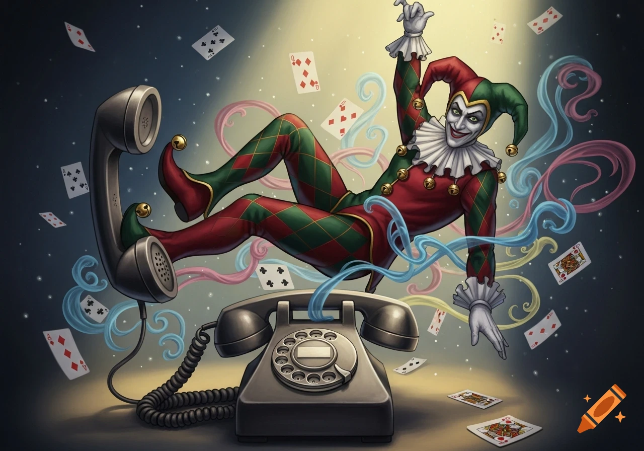 A mischievous jester in a red and green diamond-patterned suit and hat floats above a vintage rotary telephone, surrounded by falling playing cards and swirling magical ribbons, in a whimsical art style.