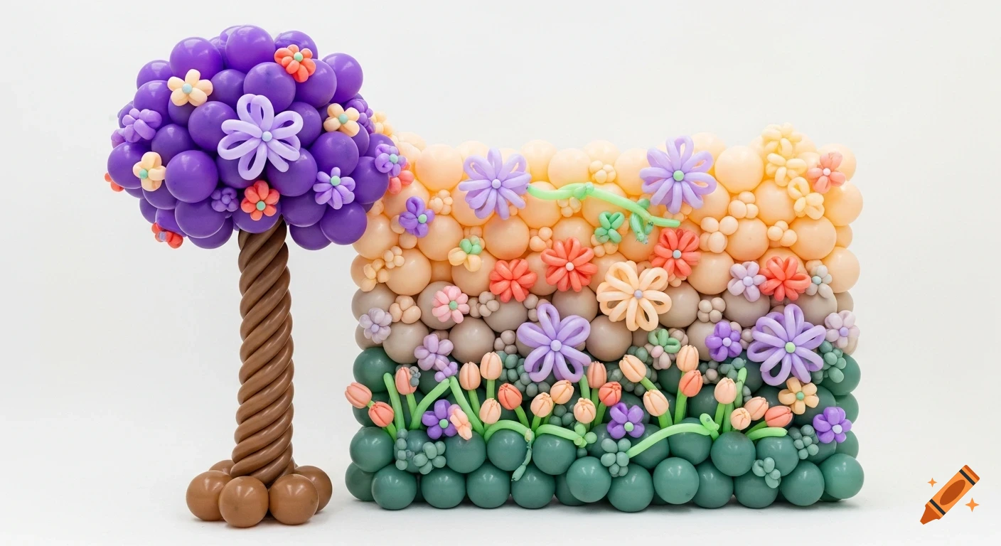 A whimsical landscape sculpture made entirely of colorful balloons, featuring a purple tree and a tiered wall adorned with balloon flowers and tulips on a white background.