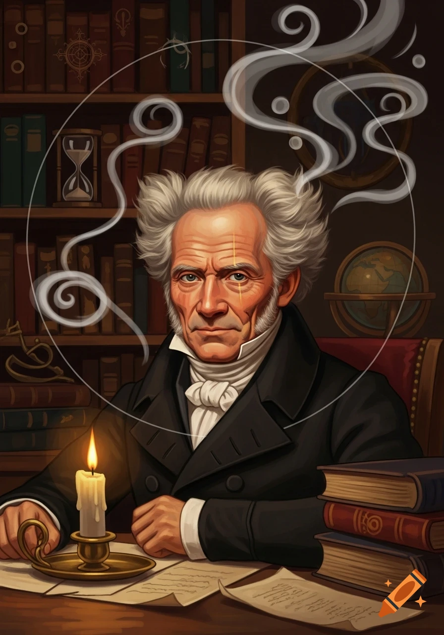 Illustrative portrait of Arthur Schopenhauer with wild white hair, seated at a desk with a candle and books, surrounded by symbolic smoke.