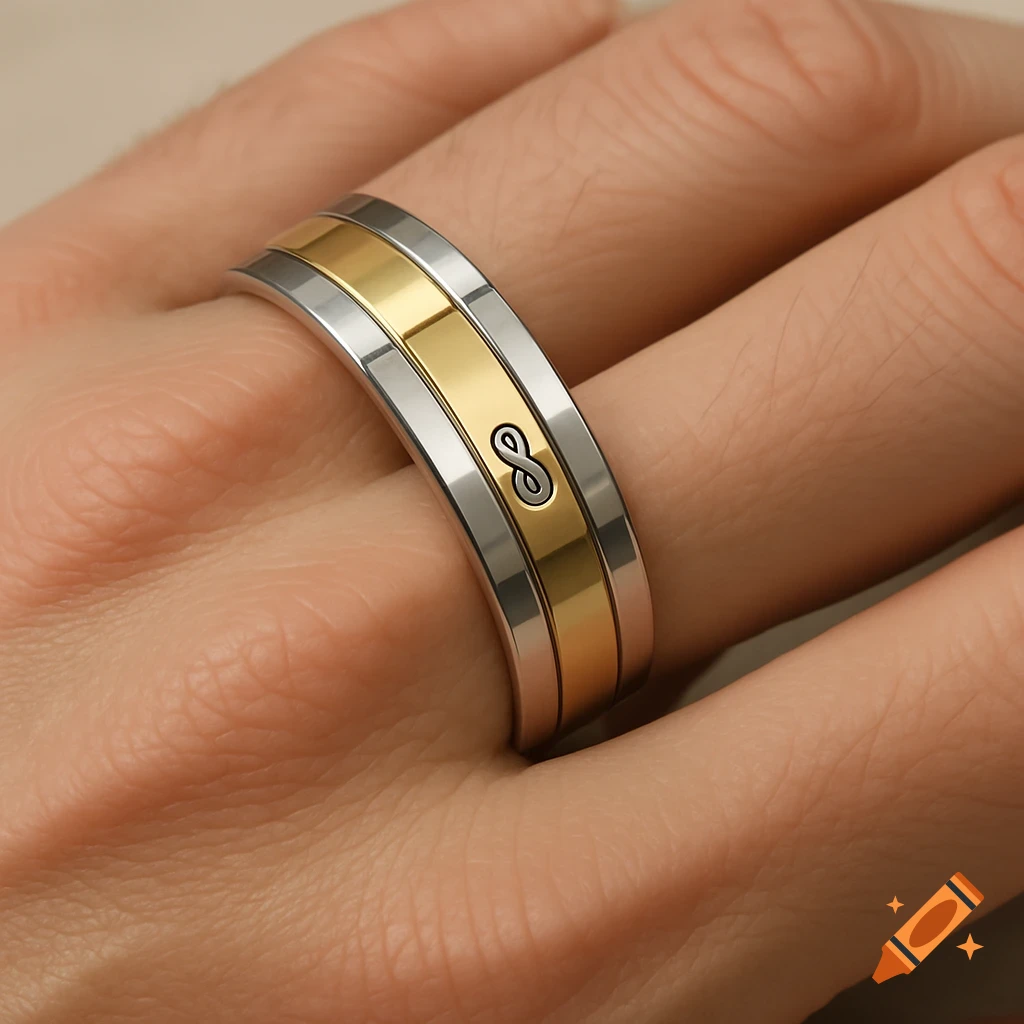 Photorealistic close-up of a two-tone gold and platinum men's wedding ring with an engraved infinity symbol on a male hand.