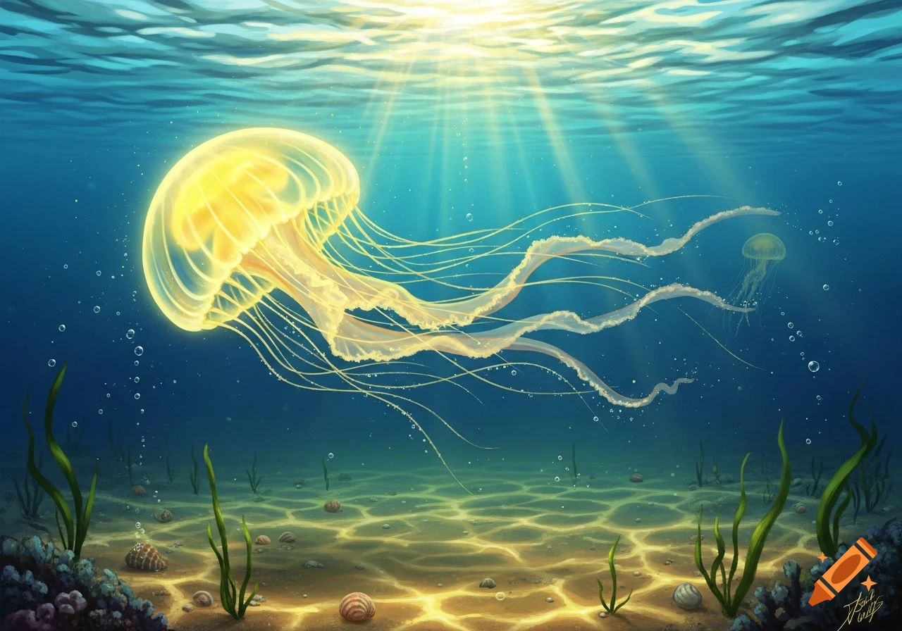 An illustrated underwater scene with a large glowing yellow jellyfish, a smaller jellyfish, sunlight rays, and green plants on the sandy seabed.