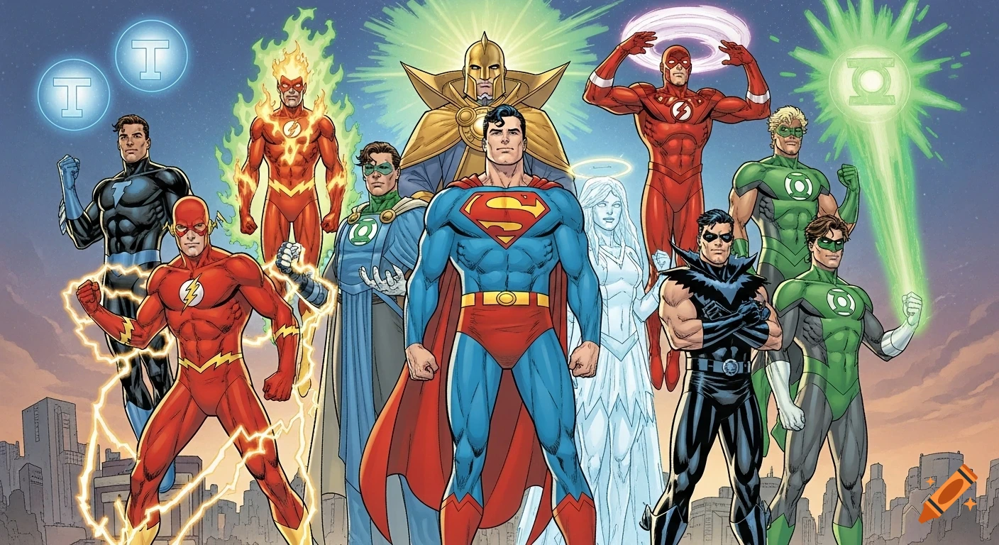 A full-team ensemble of DC Comics superheroes, including Superman, two Flashes, three Green Lanterns, Doctor Fate, Mr. Terrific, and other heroes, standing united in a comic book illustration style against a cosmic city skyline.
