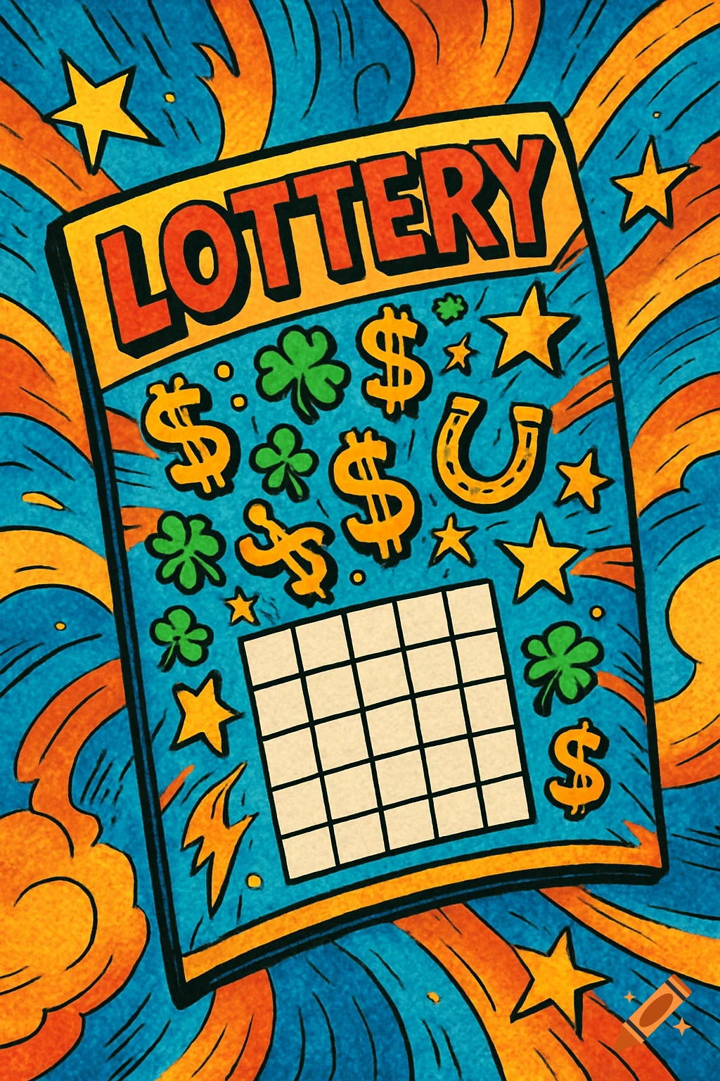 A colorful comic-style lottery ticket featuring "LOTTERY" text, dollar signs, shamrocks, horseshoes, and stars, with a grid of white squares at the bottom, all against a vibrant blue and orange background.