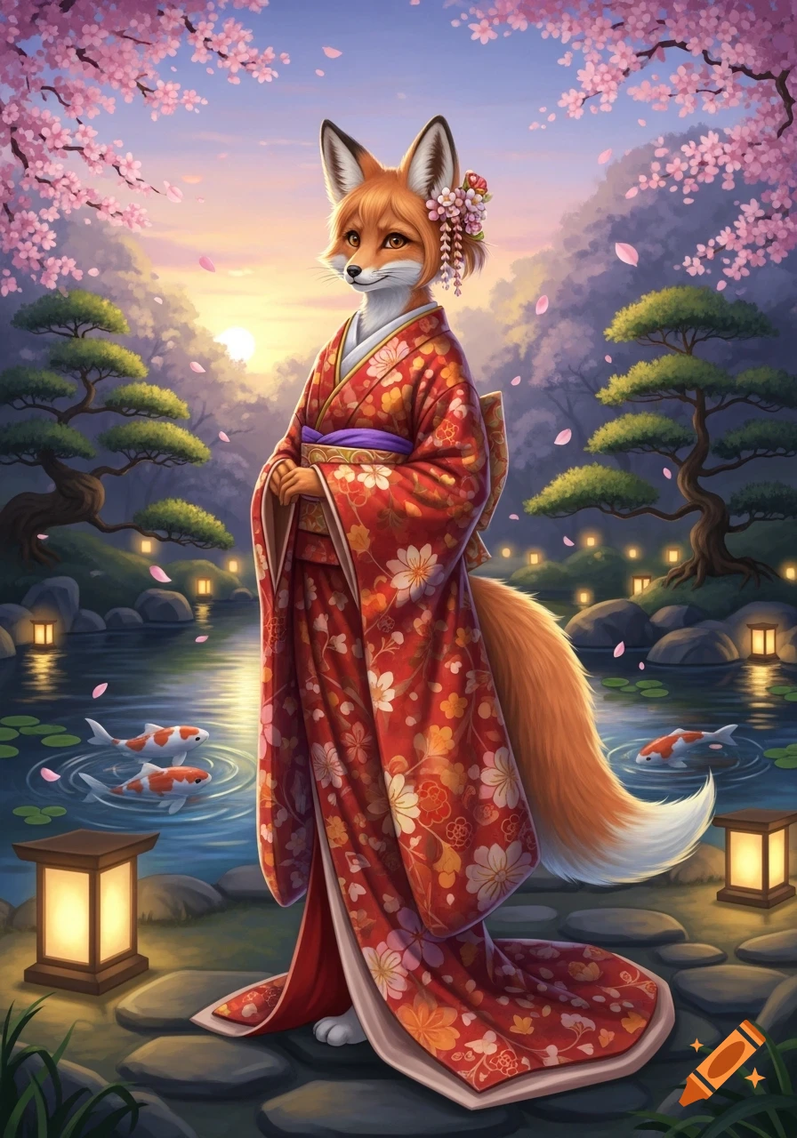 A cute anthropomorphic fox girl in a red and orange kimono stands by a koi pond with cherry blossoms at sunset, digital art.