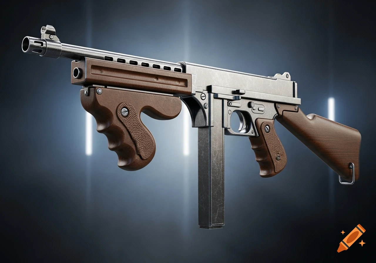 A photorealistic Thompson submachine gun in a bullpup configuration, with dark wooden grips and a silver metal body, against a dark, lit background.