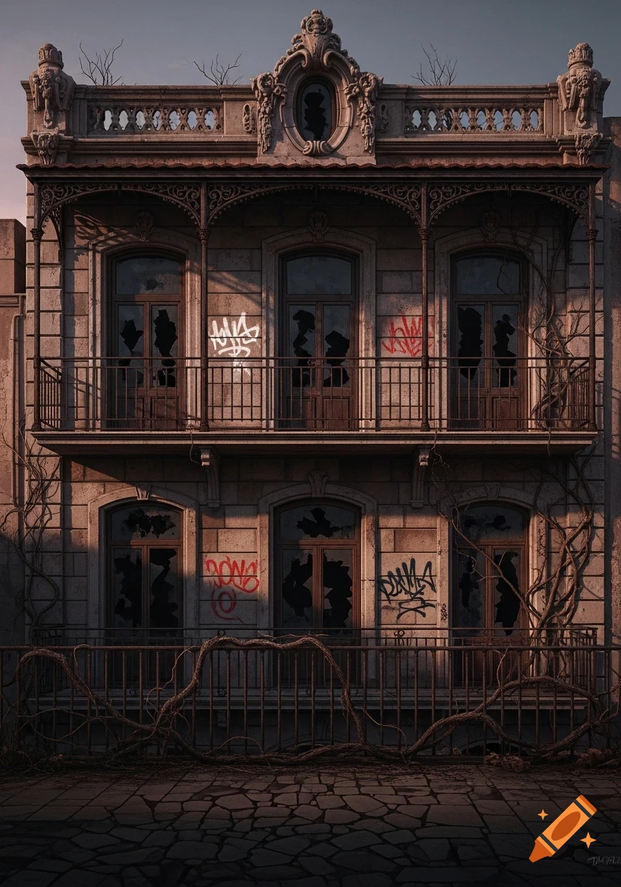 An old, decaying stone building with ornate balconies, broken windows, graffiti, and dead vines under a twilight sky.
