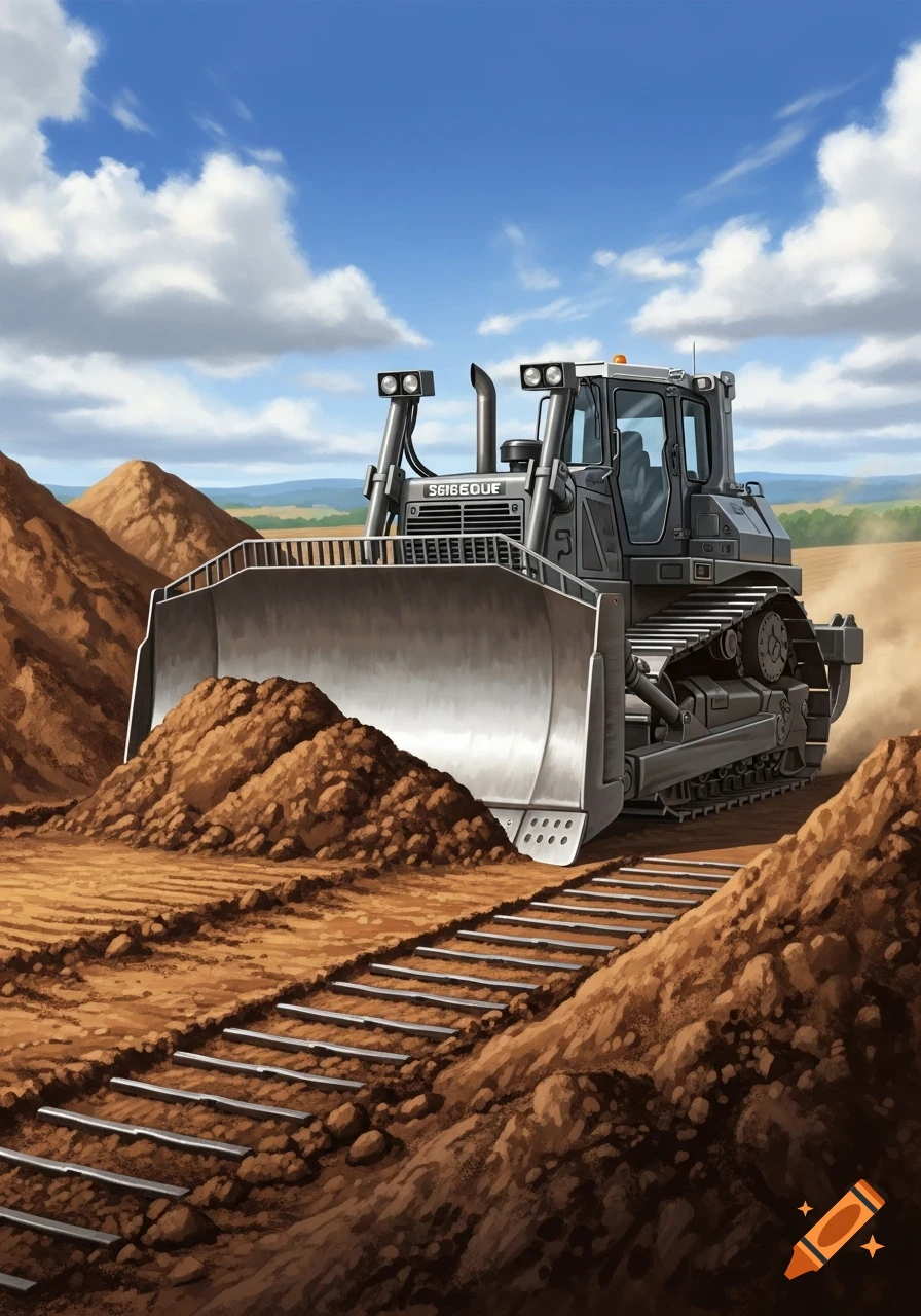 A large grey bulldozer pushing dirt on a construction site under a blue sky with white clouds in an illustrated style.