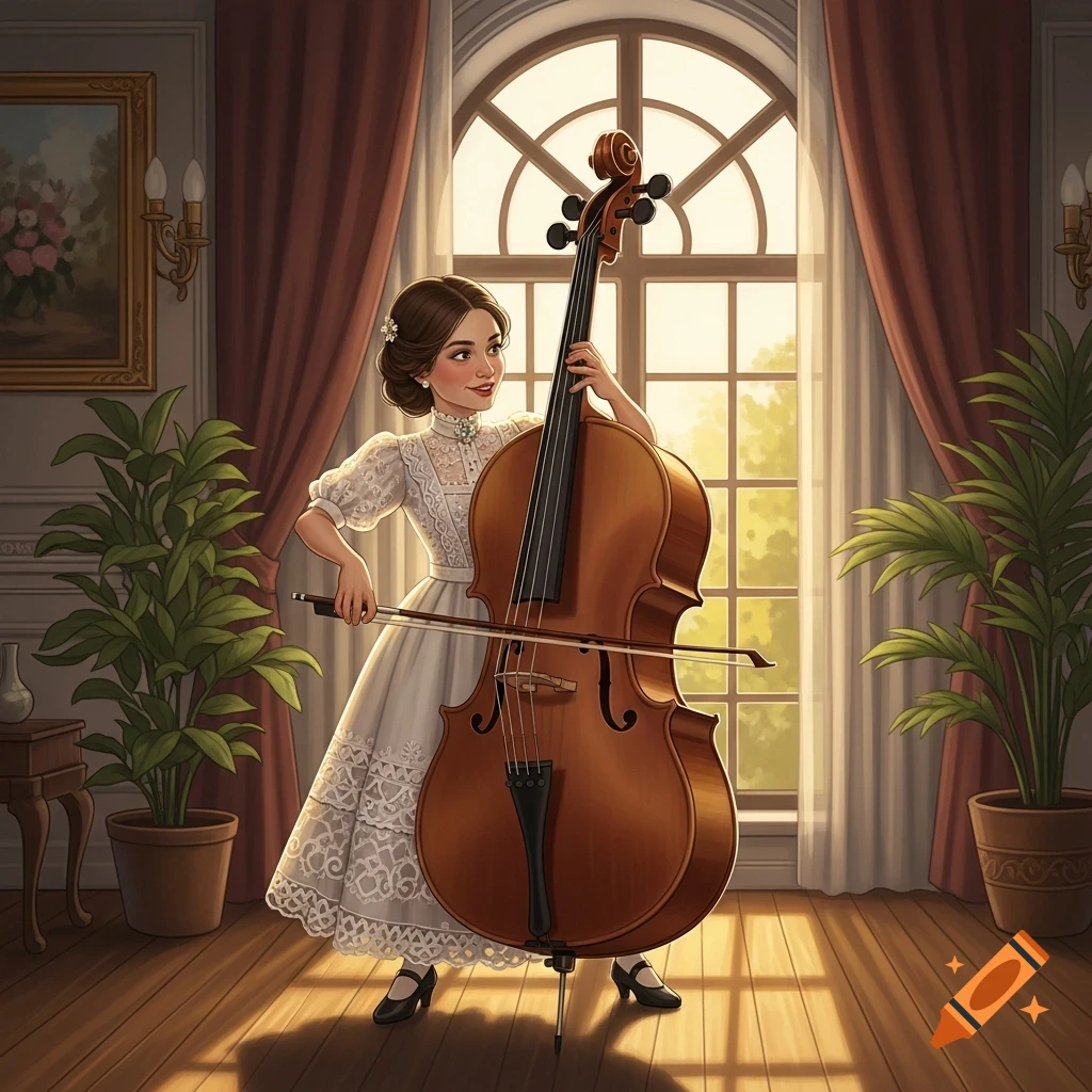 An illustrated woman in a vintage dress poses with a greatly oversized cello in a room with a large arched window.