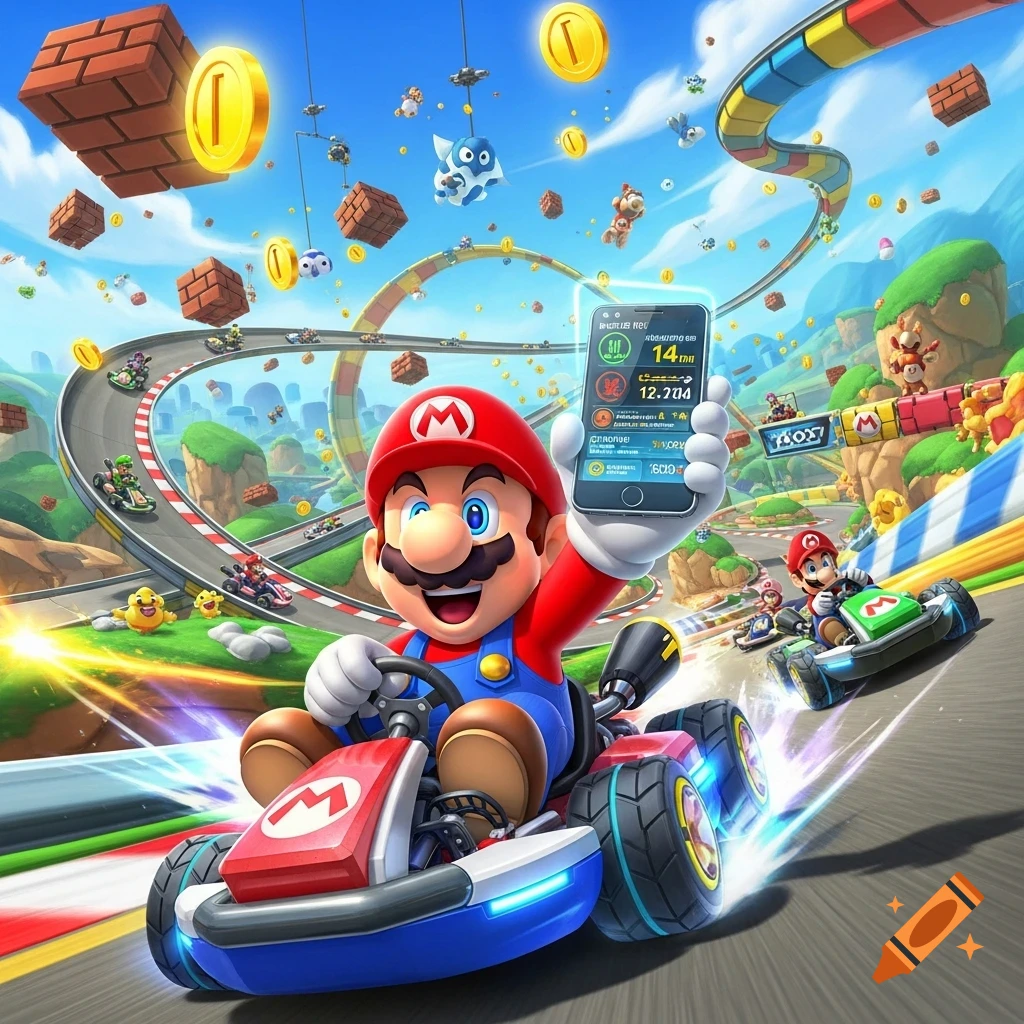 Mario in a racing kart on a vibrant track, holding up a smartphone, with other characters and coins in the background.