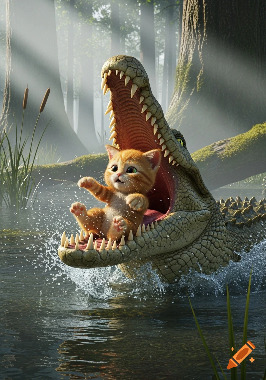 A tiny, fluffy orange kitten struggles inside the open jaws of a large crocodile in a misty swamp, water splashing.