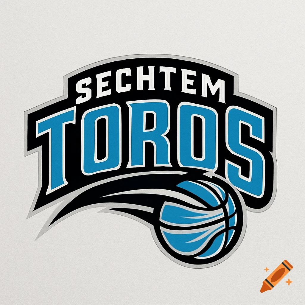 A blue, black, and white basketball logo featuring the words 'SECHTEM TOROS' and a stylized basketball.
