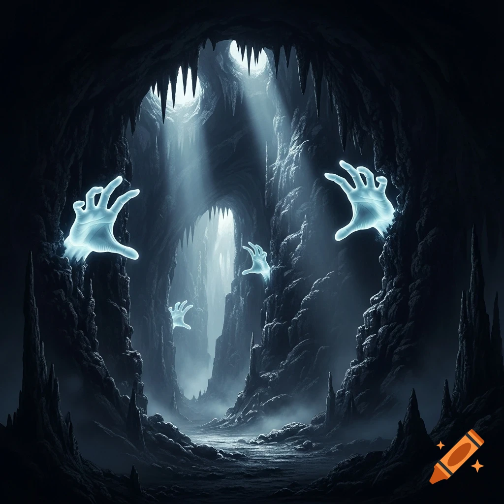 Glowing ghostly hands emerge from the dark, foreboding depths of an ominous cave with jagged rock formations and misty light.