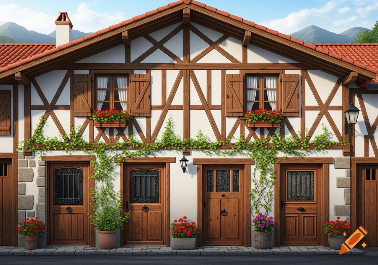 Photorealistic image of a Basque-style house with timber framing, red tile roof, four wooden doors, windows with red flowers, and green vines.