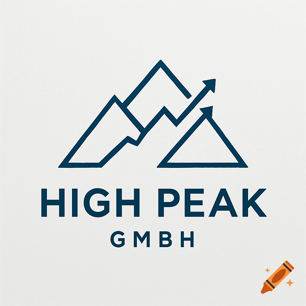 Minimalist blue line art logo depicting three mountain peaks with an upward arrow, above the text HIGH PEAK GmbH.