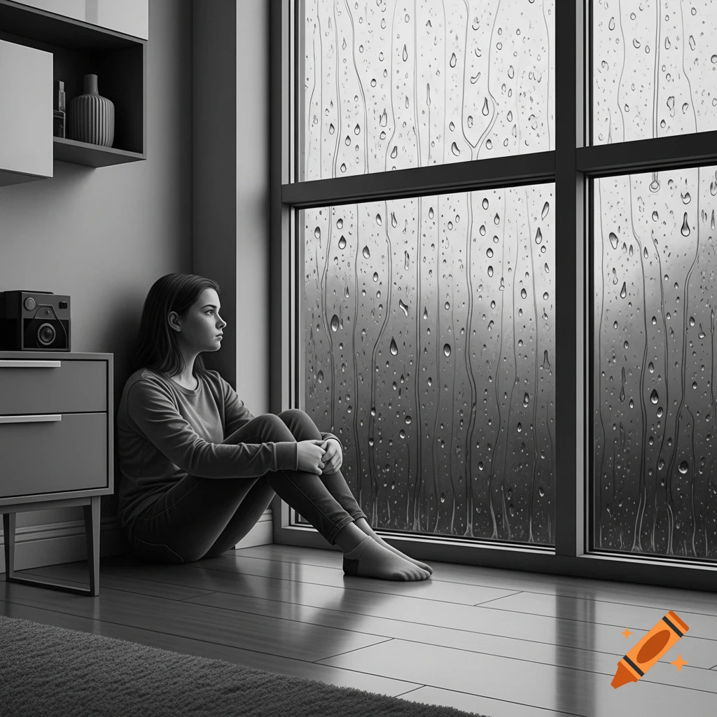 Young woman sitting on the floor by a window, looking at the rain streaking down the glass, in black and white.