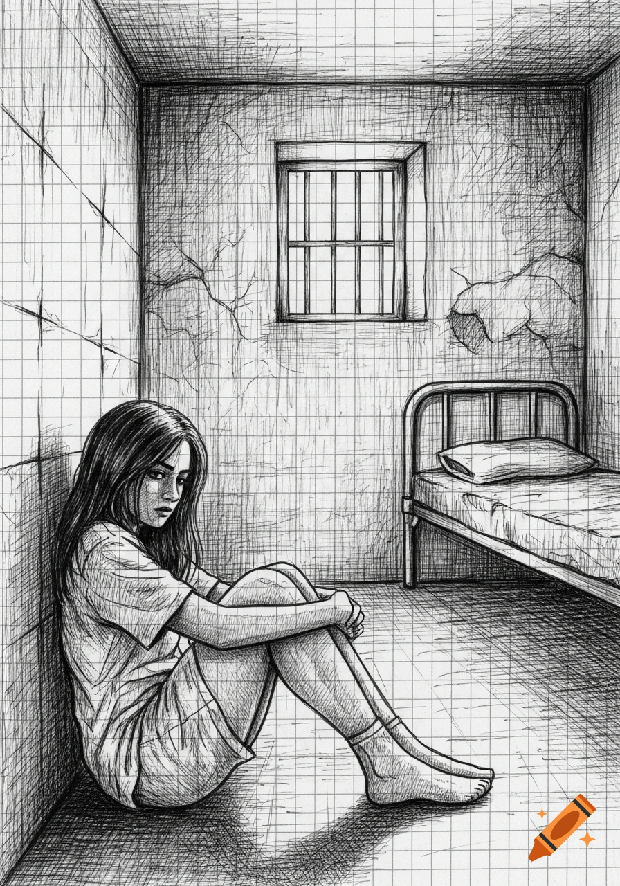 Black and white sketch of a despondent brunette girl sitting on the floor of a barren psychiatric ward cell with a barred window and bed.