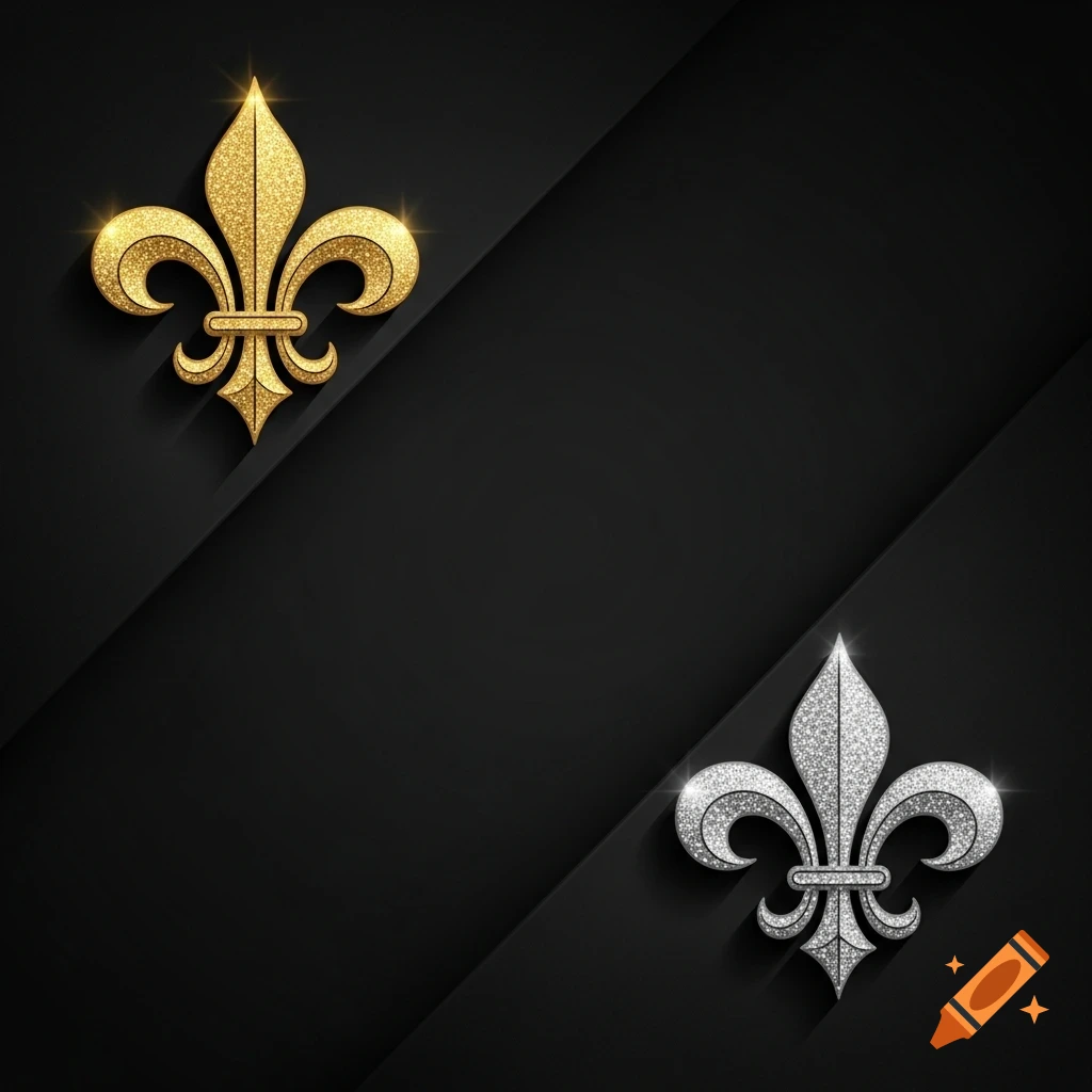 A black background with a golden glittery fleur-de-lis in the top left and a silver glittery fleur-de-lis in the bottom right.