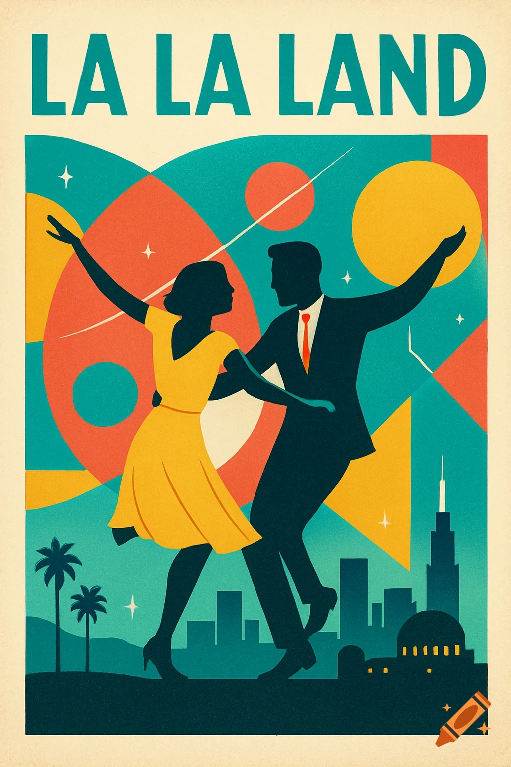 Retro-style "LA LA LAND" movie poster with silhouetted dancers against a colorful abstract background and cityscape.