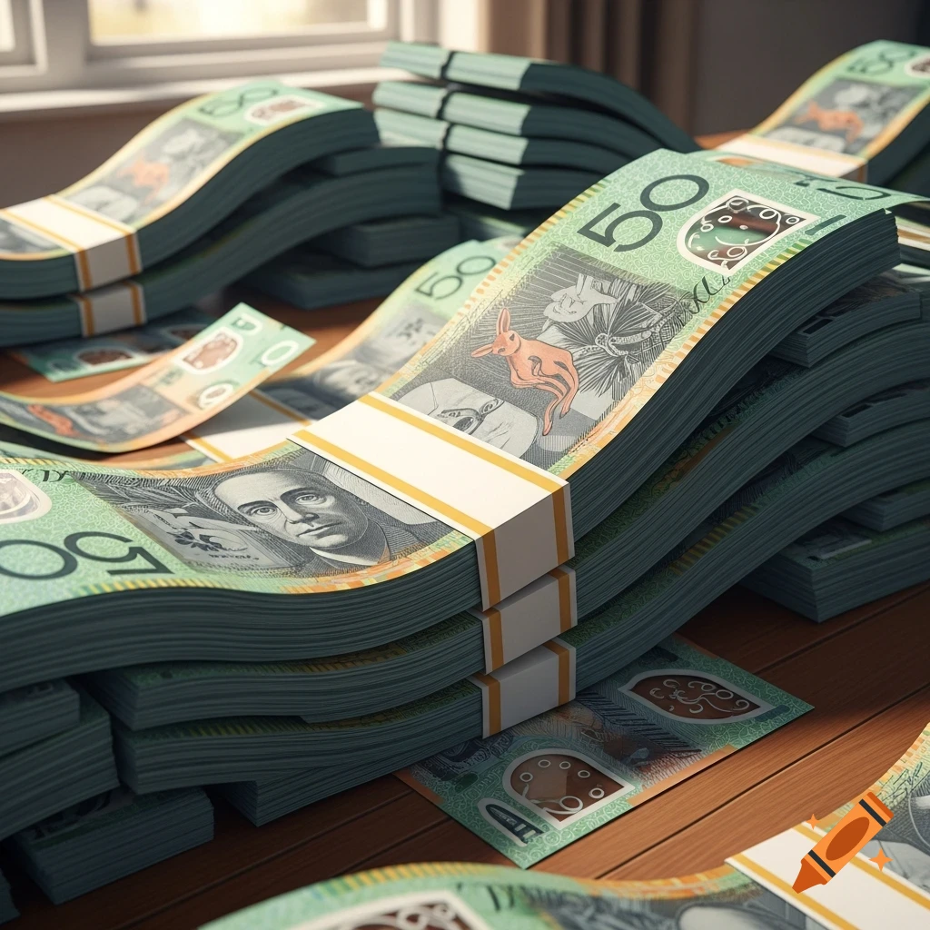 Stacks of Australian fifty-dollar notes are piled high and spread across a wooden table.