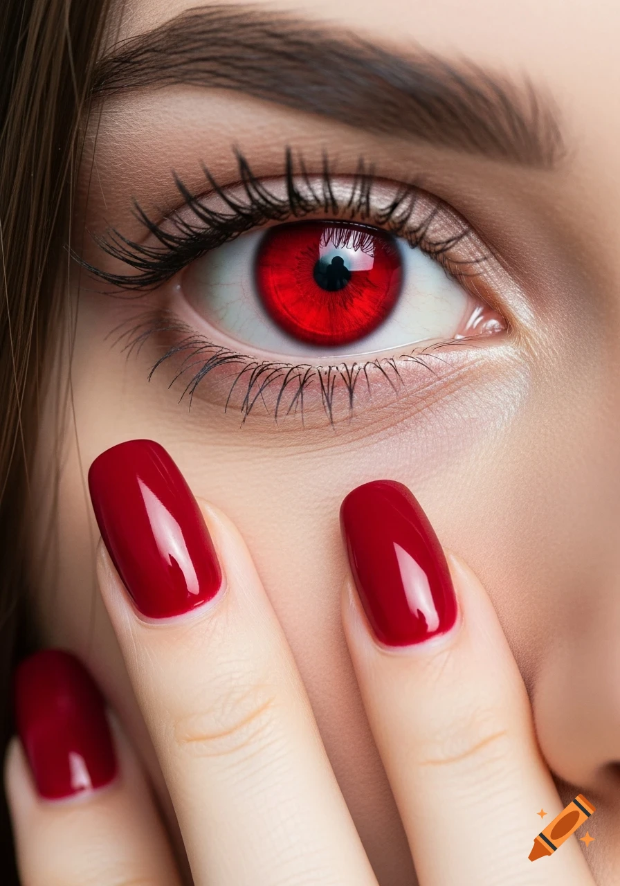 Close-up of a person's face featuring a striking red eye and fingers with glossy red painted nails resting on the cheek.
